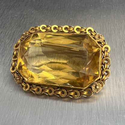 Vintage 14k Yellow Gold Octagonal Step Cut Citrine Brooch / Pin 50-100CTW