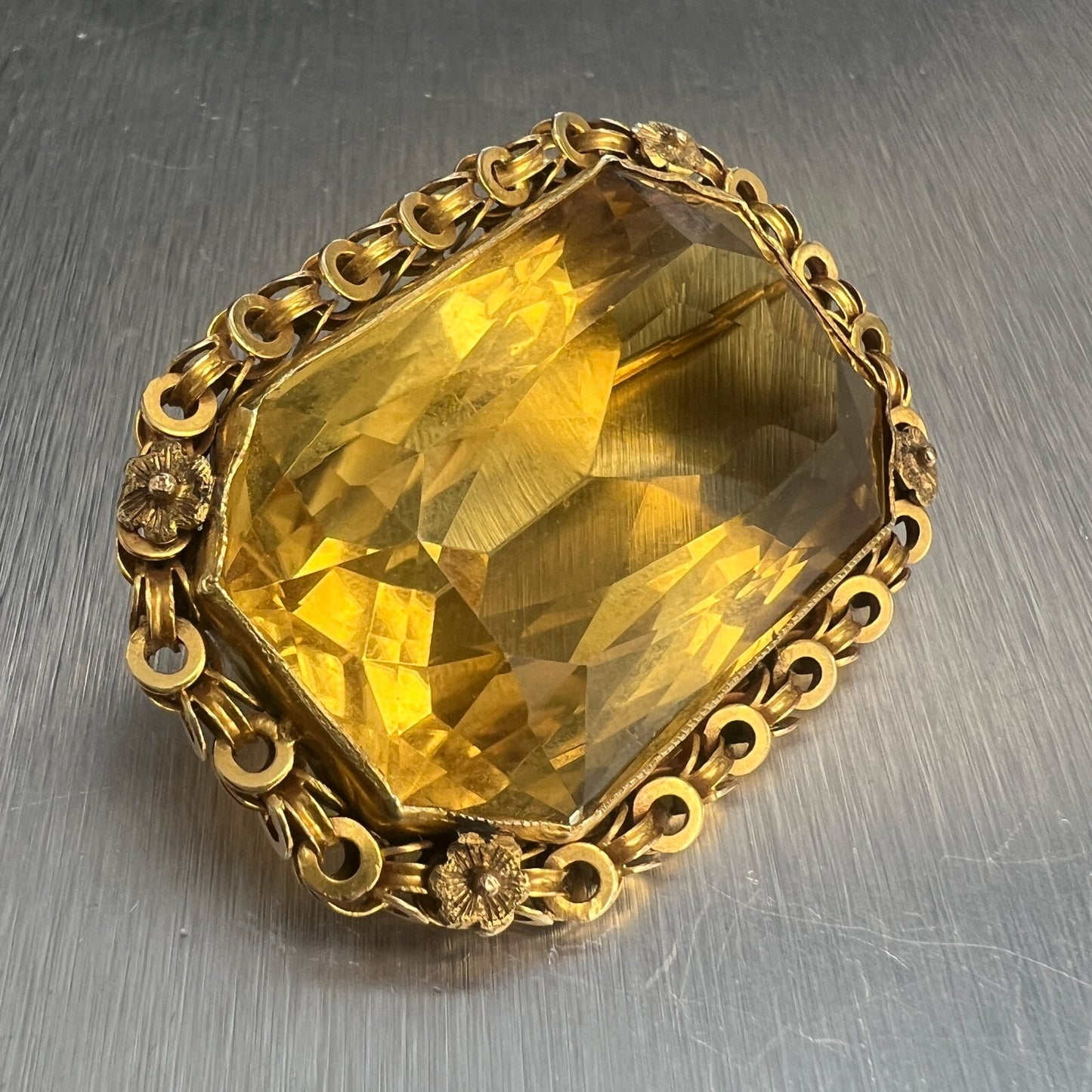 Vintage 14k Yellow Gold Octagonal Step Cut Citrine Brooch / Pin 50-100CTW