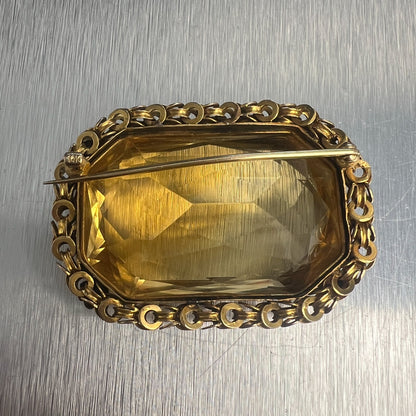 Vintage 14k Yellow Gold Octagonal Step Cut Citrine Brooch / Pin 50-100CTW