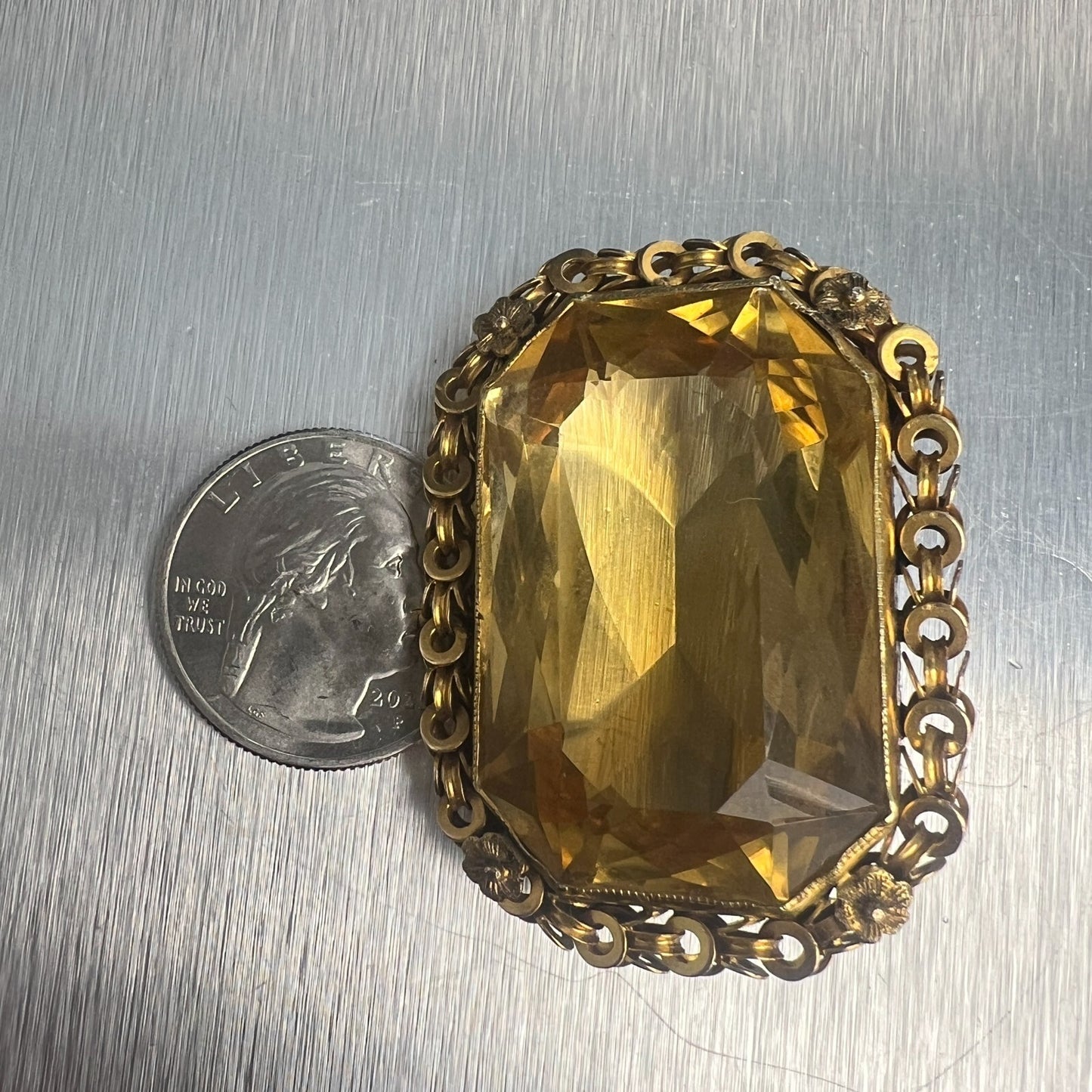 Vintage 14k Yellow Gold Octagonal Step Cut Citrine Brooch / Pin 50-100CTW