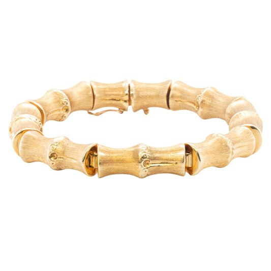 Vintage 18k Yellow Gold Chunky Bamboo Link Florentine Brush Finish Bracelet 29g
