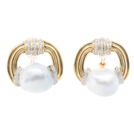 18k Yellow Gold 16mm x 18mm Baroque Pearl & Diamond Omegaback Earrings 0.75ctw