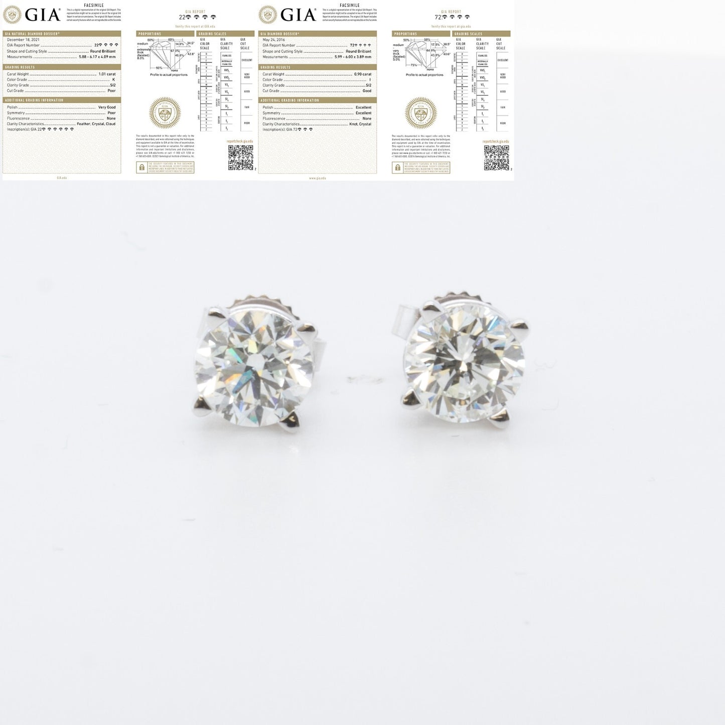 14k White Gold Round GIA Diamond Basket Stud Earrings 1.91ctw I / K SI2