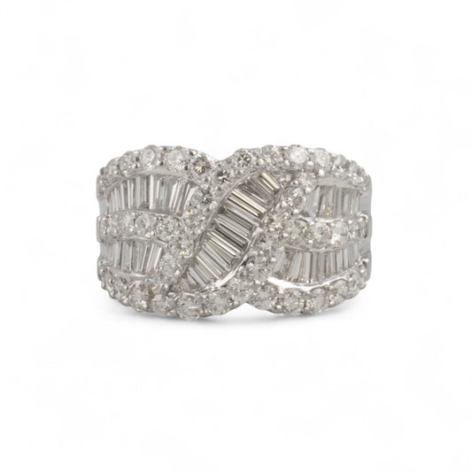 18k White Gold Round & Baguette Diamond Crossover Band 1.76ctw G VS Size 9