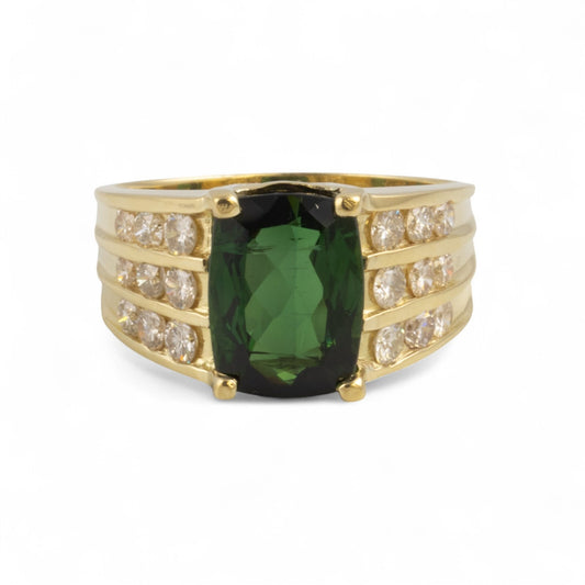 18k Yellow Gold ~4CT Rectangle Green Tourmaline Diamond Ring 0.75ctw Size 8.5