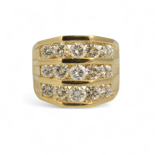 18k Yellow Gold Graduated Diamond 3 Row 15 Stone Ring 2.15ctw H-I SI1 Size 8.5