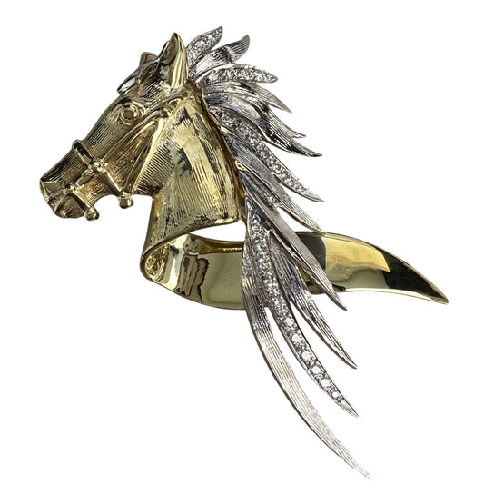 Vintage 14k White & Yellow Gold Nag's Head Horse Mane Diamond Brooch Pin 0.30ctw