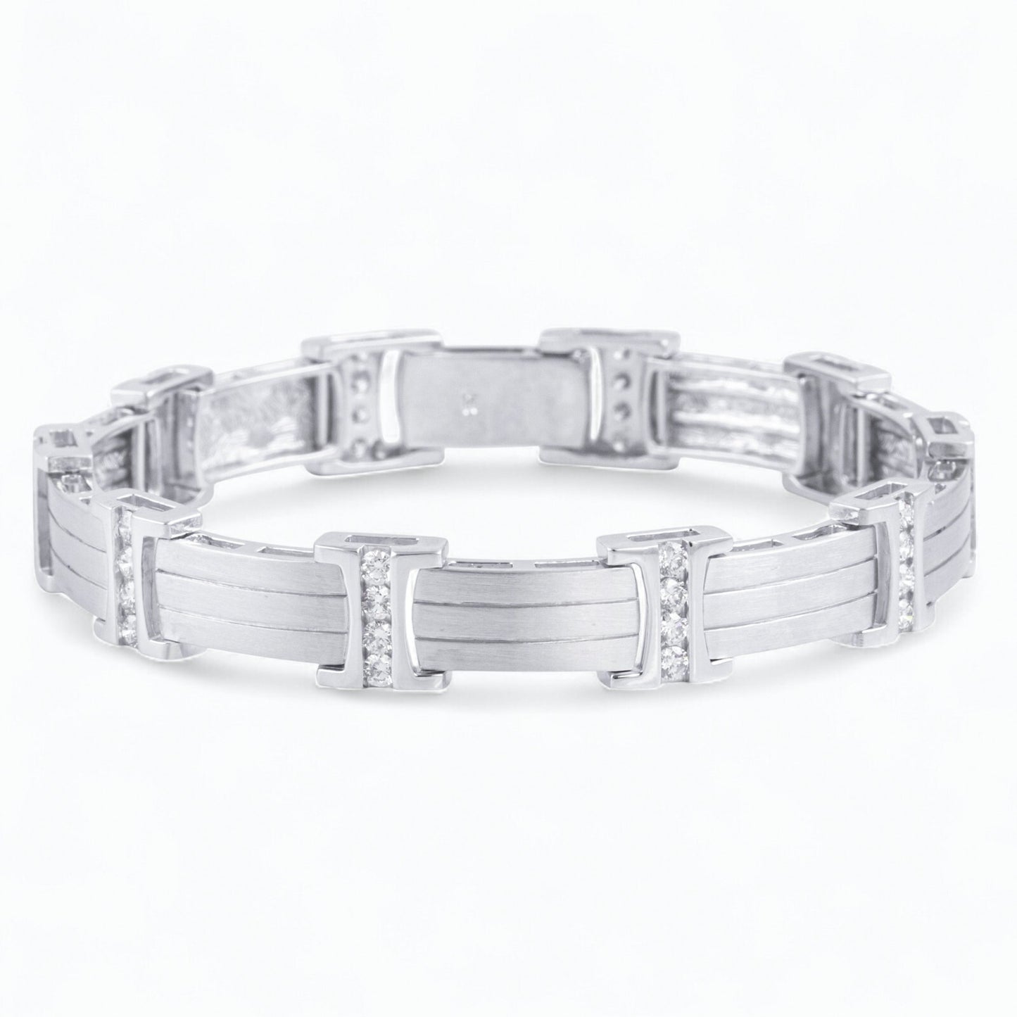 Mens 14k White Gold Diamond Brushed Bar Link Station Bracelet 2.00ctw G VS 8.00"
