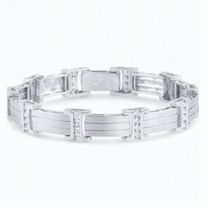 Mens 14k White Gold Diamond Brushed Bar Link Station Bracelet 2.00ctw G VS 8.00"