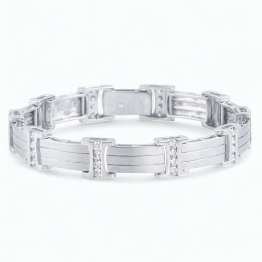 Mens 14k White Gold Diamond Brushed Bar Link Station Bracelet 2.00ctw G VS 8.00"