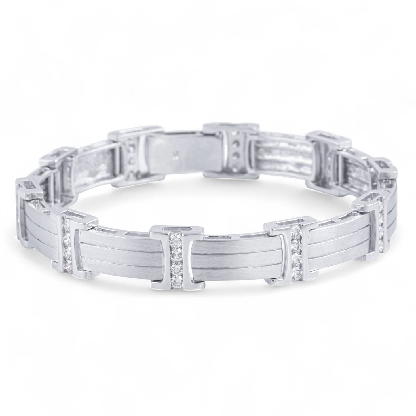 Mens 14k White Gold Diamond Brushed Bar Link Station Bracelet 2.00ctw G VS 8.00"