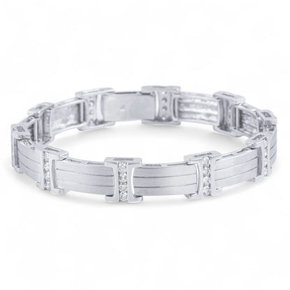 Mens 14k White Gold Diamond Brushed Bar Link Station Bracelet 2.00ctw G VS 8.00"