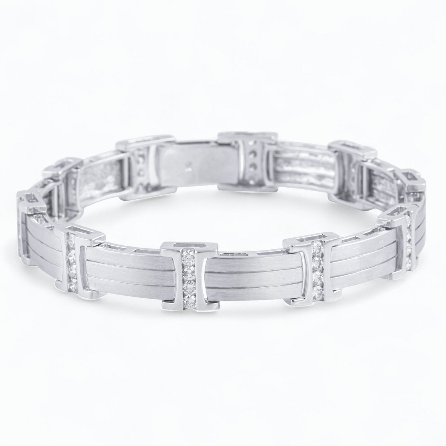 Mens 14k White Gold Diamond Brushed Bar Link Station Bracelet 2.00ctw G VS 8.00"