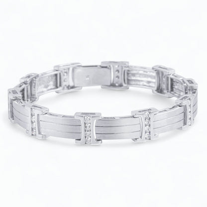 Mens 14k White Gold Diamond Brushed Bar Link Station Bracelet 2.00ctw G VS 8.00"