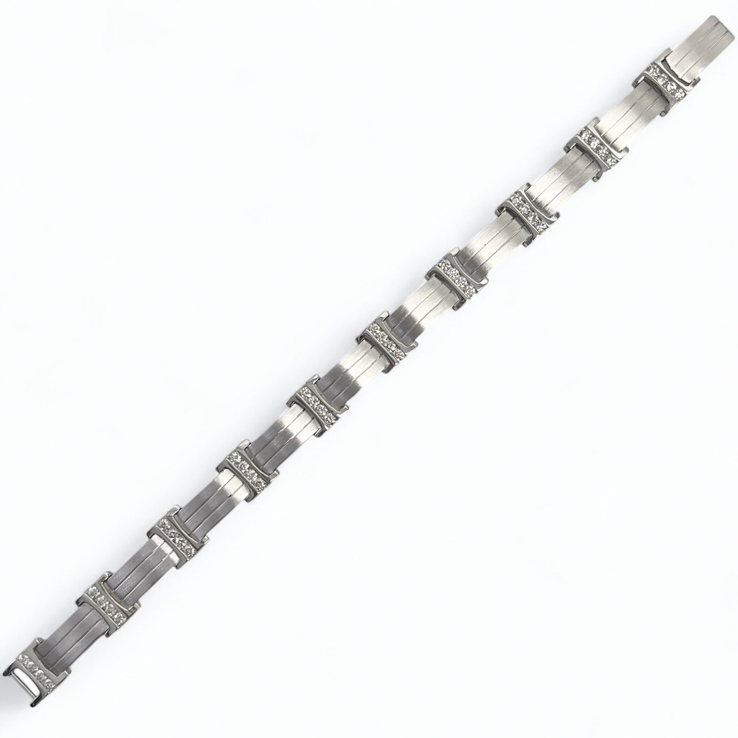 Mens 14k White Gold Diamond Brushed Bar Link Station Bracelet 2.00ctw G VS 8.00"