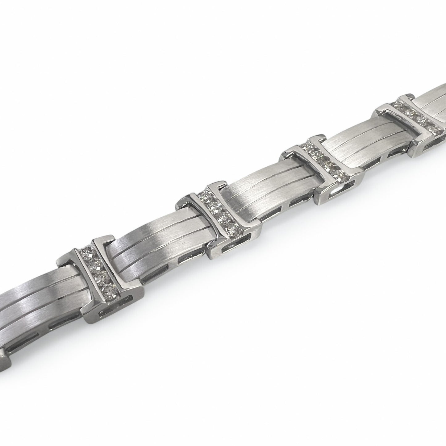 Mens 14k White Gold Diamond Brushed Bar Link Station Bracelet 2.00ctw G VS 8.00"