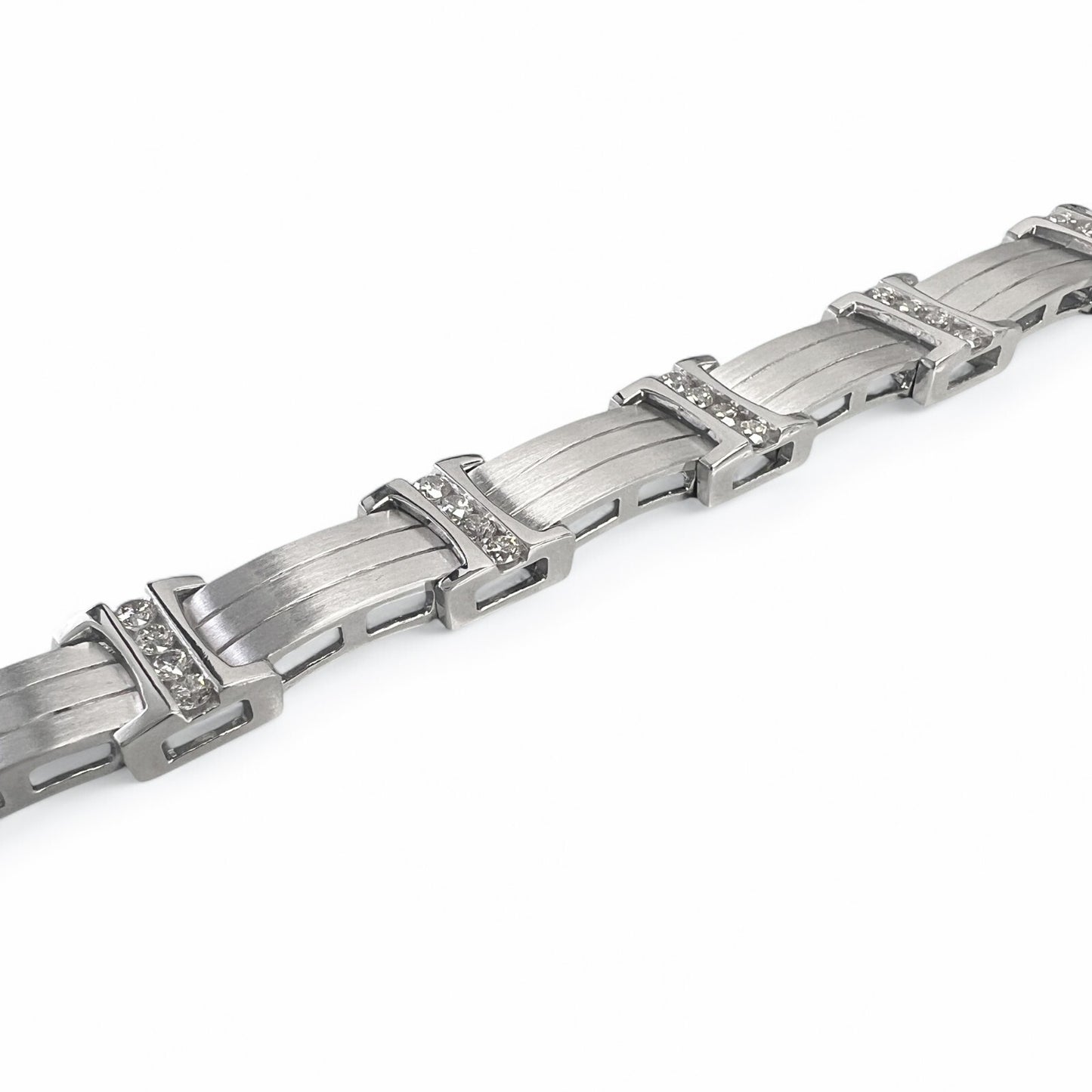 Mens 14k White Gold Diamond Brushed Bar Link Station Bracelet 2.00ctw G VS 8.00"
