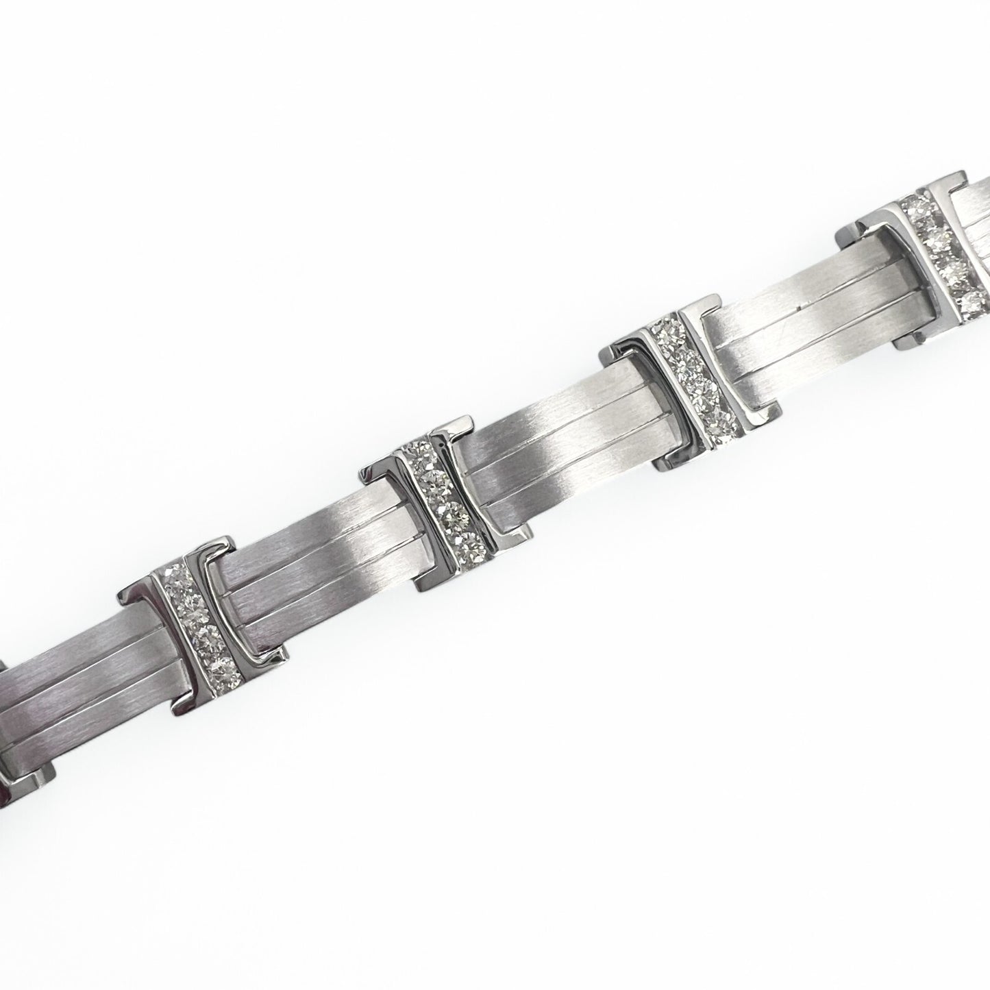 Mens 14k White Gold Diamond Brushed Bar Link Station Bracelet 2.00ctw G VS 8.00"