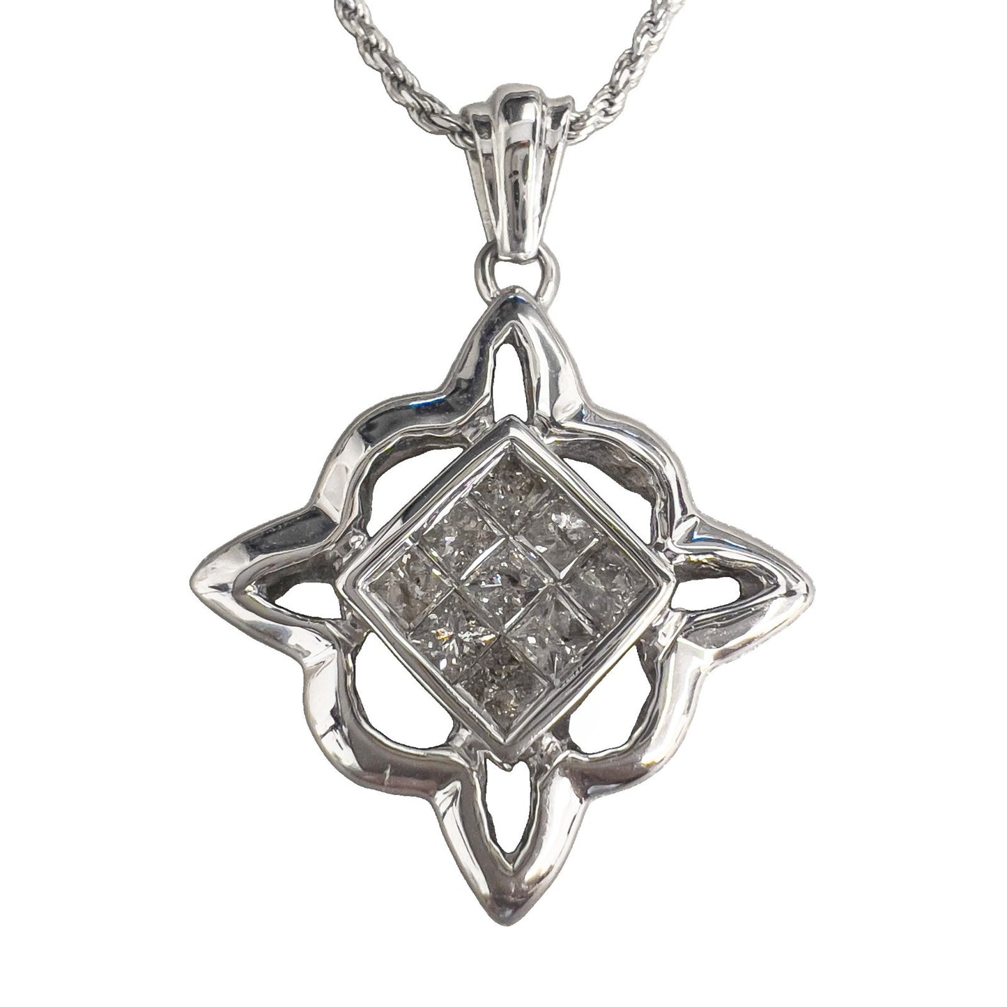 14k White Gold Princess Cut Diamond Invisible Set Pendant Necklace 0.90ctw 18"