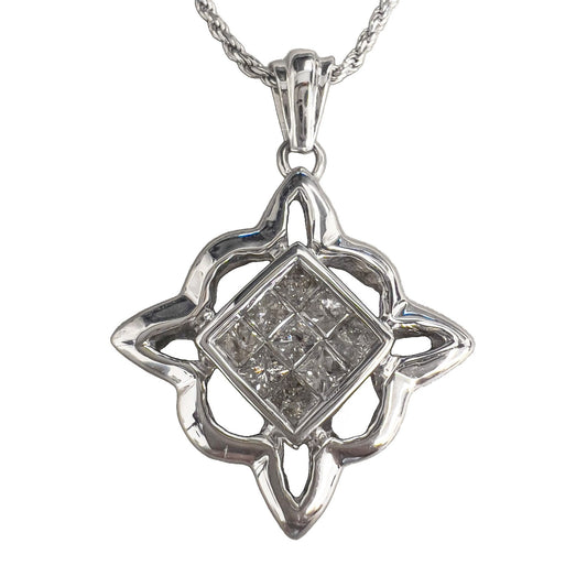 14k White Gold Princess Cut Diamond Invisible Set Pendant Necklace 0.90ctw 18"