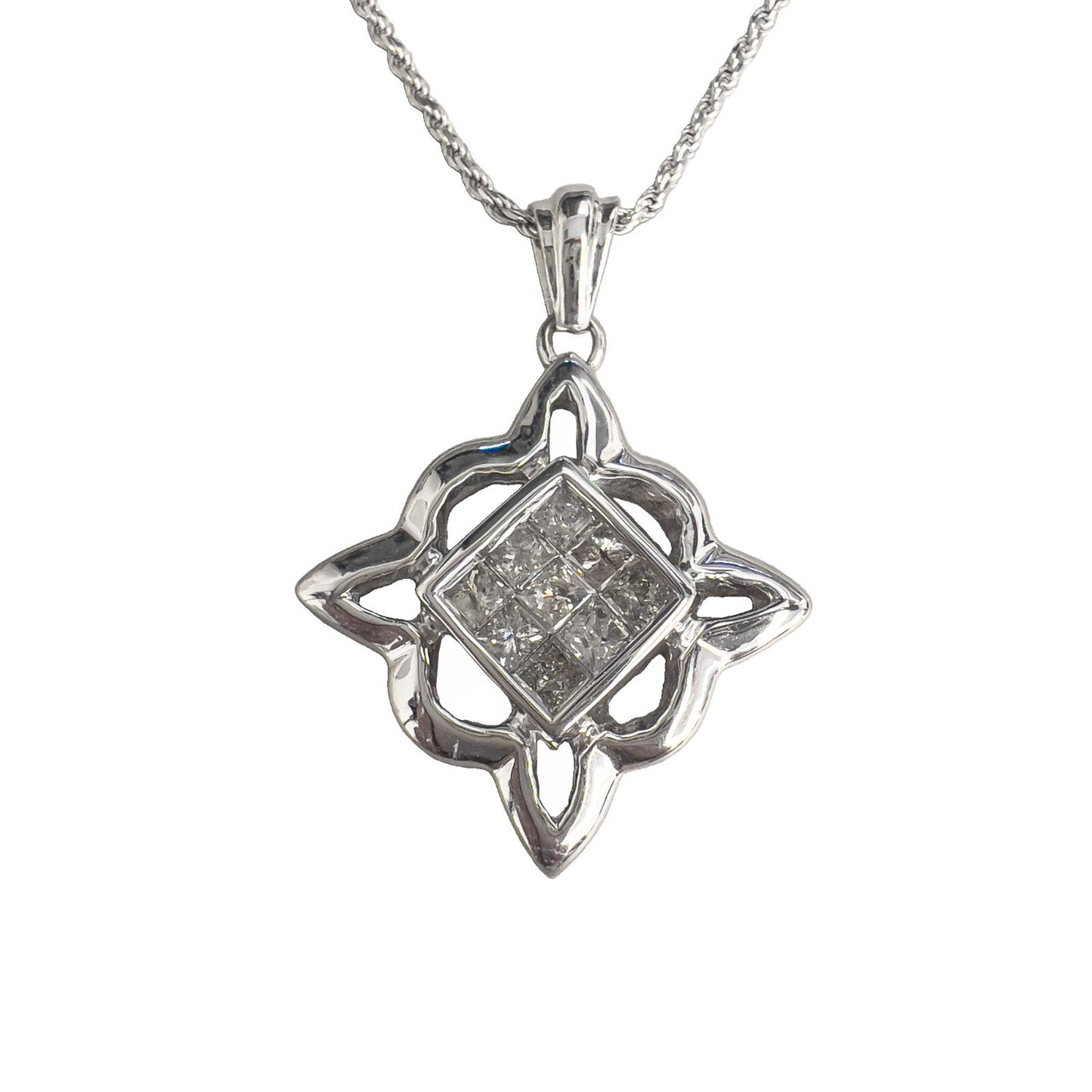 14k White Gold Princess Cut Diamond Invisible Set Pendant Necklace 0.90ctw 18"