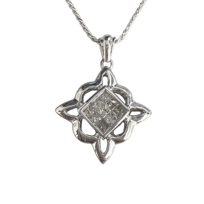 14k White Gold Princess Cut Diamond Invisible Set Pendant Necklace 0.90ctw 18"