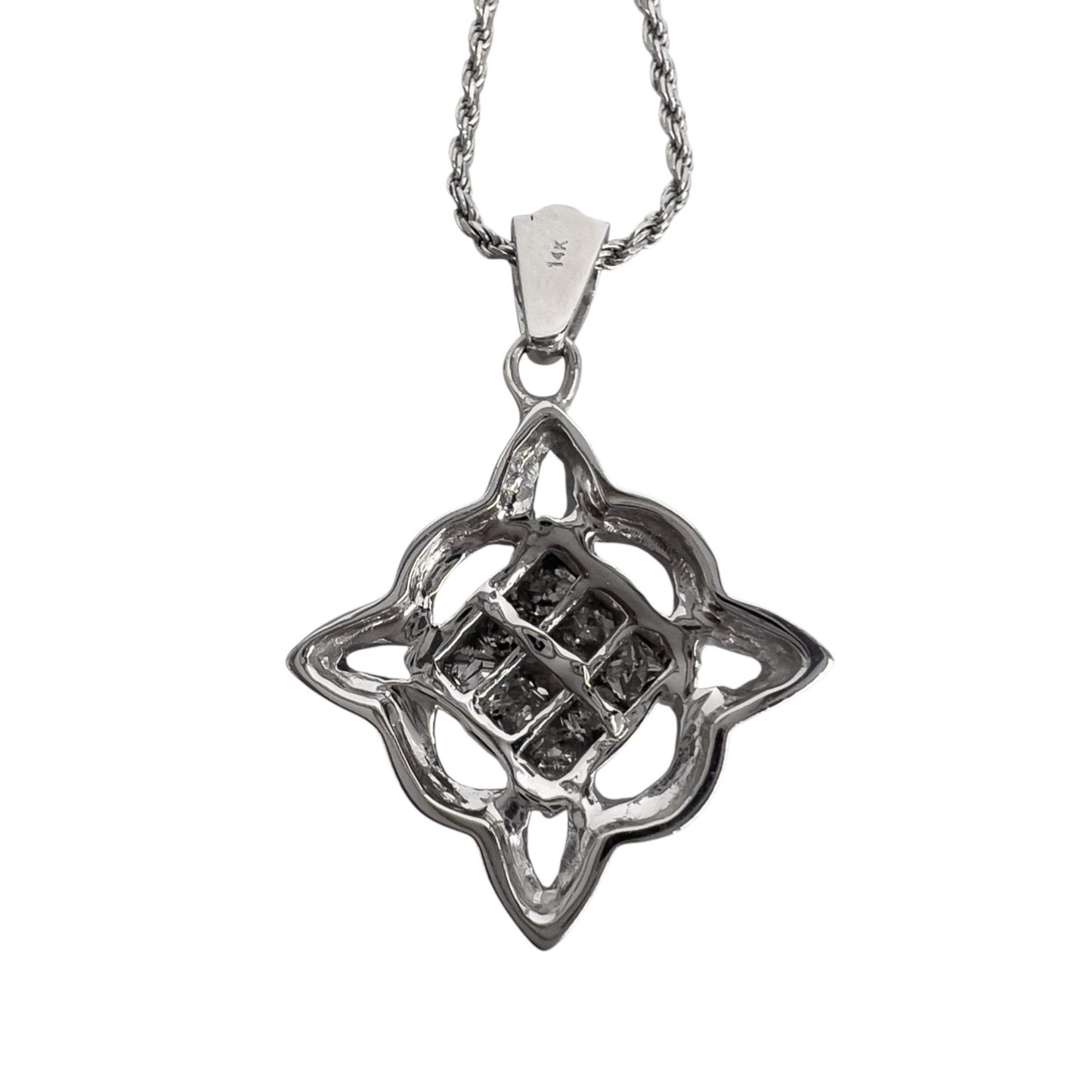 14k White Gold Princess Cut Diamond Invisible Set Pendant Necklace 0.90ctw 18"