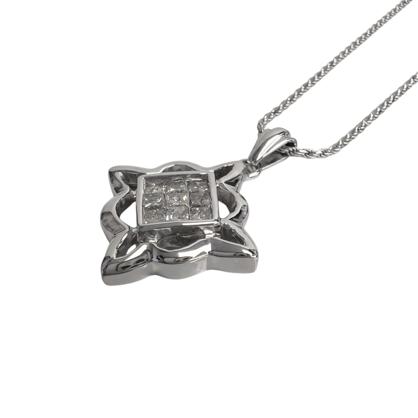 14k White Gold Princess Cut Diamond Invisible Set Pendant Necklace 0.90ctw 18"