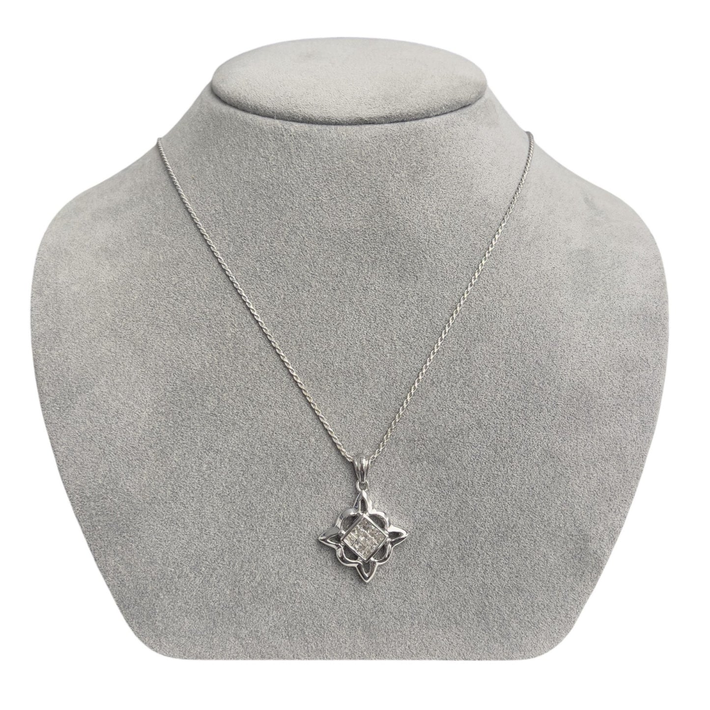 14k White Gold Princess Cut Diamond Invisible Set Pendant Necklace 0.90ctw 18"