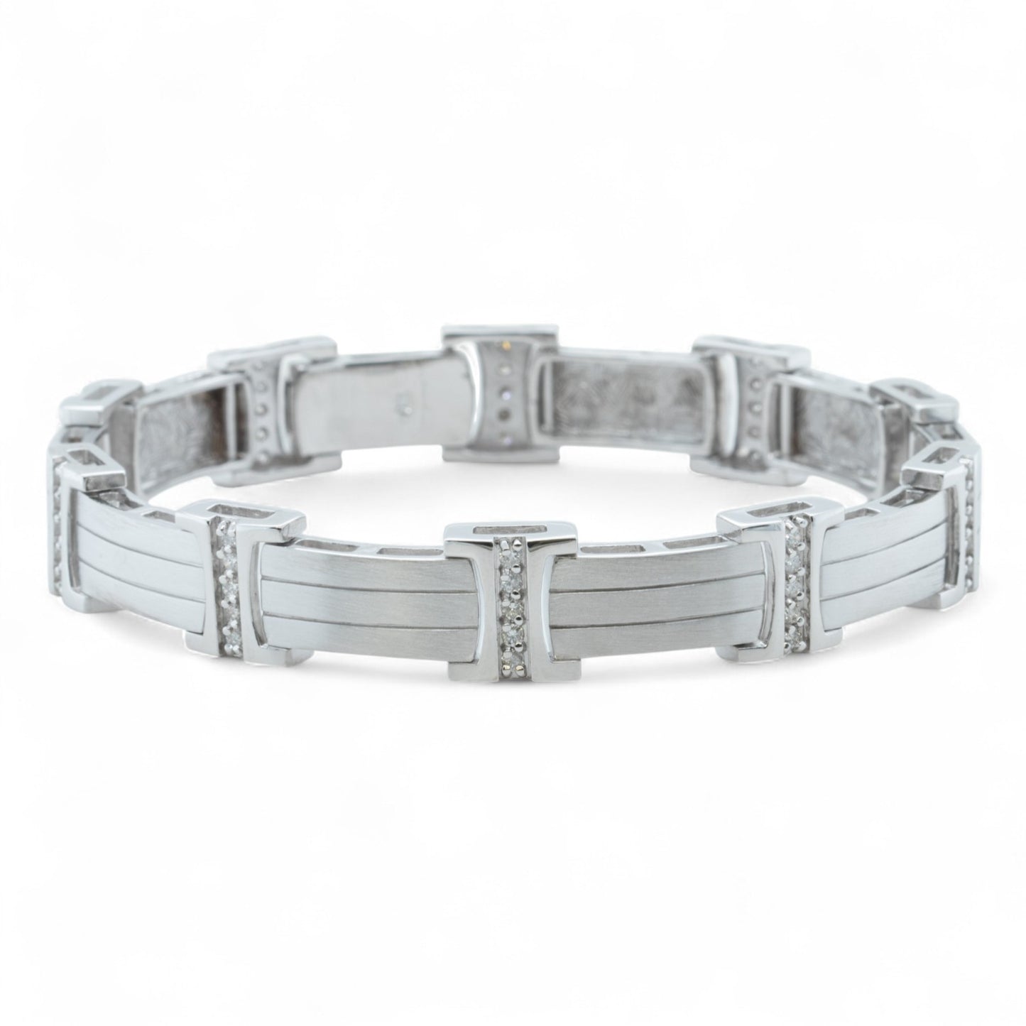 Men's 14k White Gold Diamond Brushed Bar Link Station Bracelet 0.56ctw G-H SI1