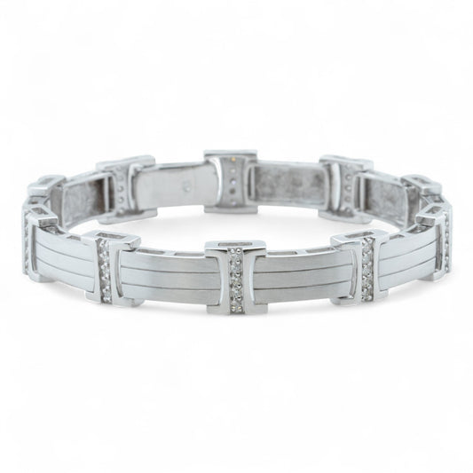 Men's 14k White Gold Diamond Brushed Bar Link Station Bracelet 0.56ctw G-H SI1