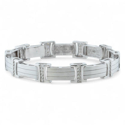 Men's 14k White Gold Diamond Brushed Bar Link Station Bracelet 0.56ctw G-H SI1