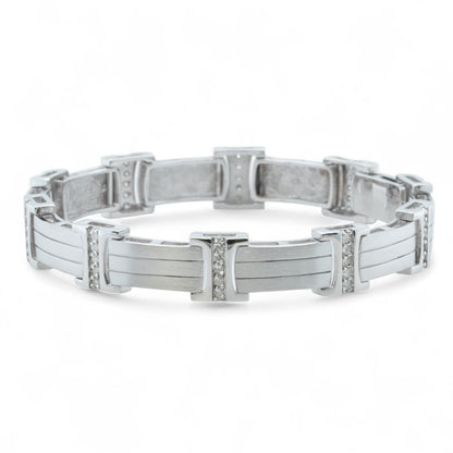 Men's 14k White Gold Diamond Brushed Bar Link Station Bracelet 0.56ctw G-H SI1