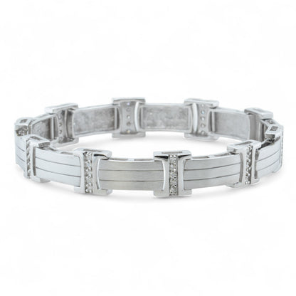 Men's 14k White Gold Diamond Brushed Bar Link Station Bracelet 0.56ctw G-H SI1