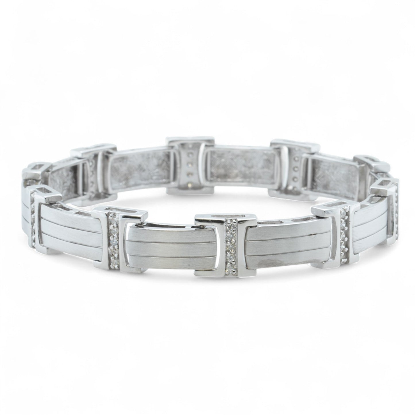 Men's 14k White Gold Diamond Brushed Bar Link Station Bracelet 0.56ctw G-H SI1