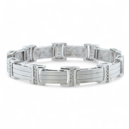 Men's 14k White Gold Diamond Brushed Bar Link Station Bracelet 0.56ctw G-H SI1