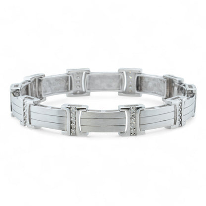 Men's 14k White Gold Diamond Brushed Bar Link Station Bracelet 0.56ctw G-H SI1