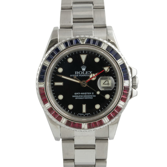 Rolex GMT-Master II DIAMOND 40mm FAT LADY Red/Blue SAPPHIRE Bezel Watch 16760