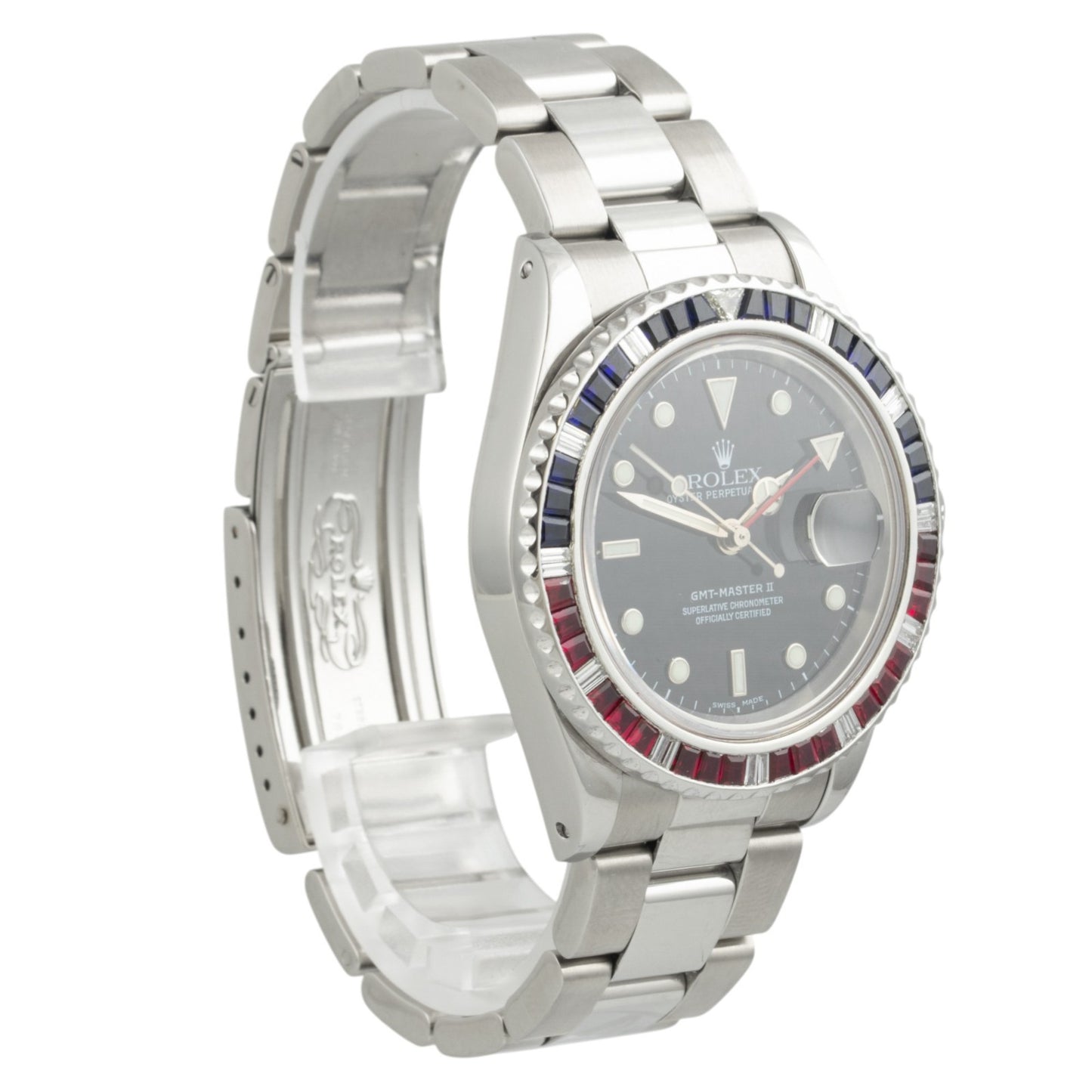 Rolex GMT-Master II DIAMOND 40mm FAT LADY Red/Blue SAPPHIRE Bezel Watch 16760
