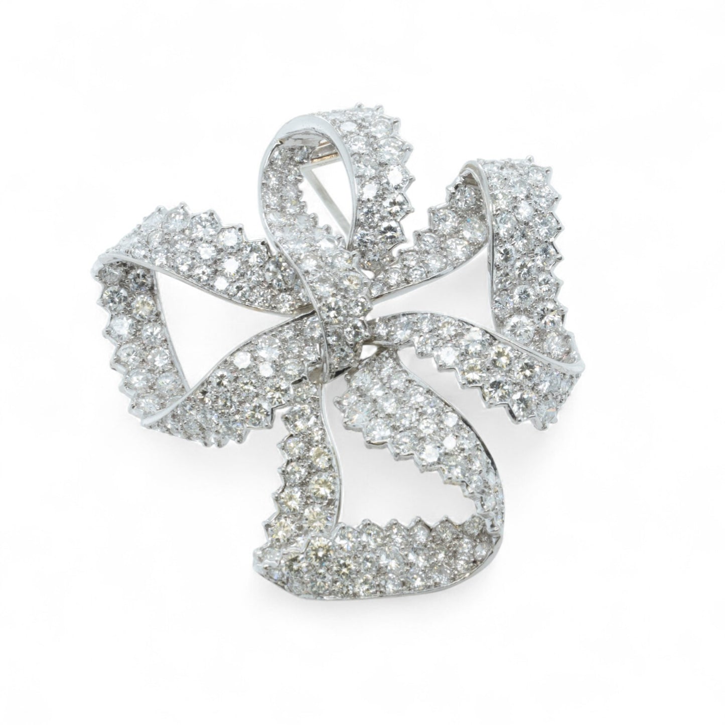 Platinum 900 Diamond Pave Ribbon Bow Brooch Pin 11.60ctw G VS-SI Vintage 1950's