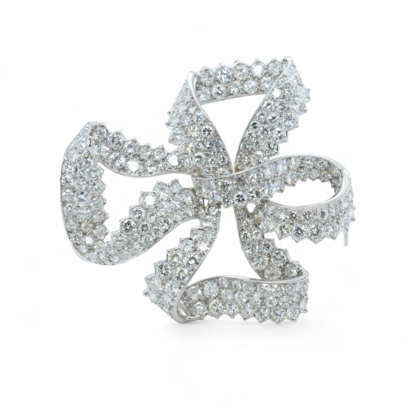 Platinum 900 Diamond Pave Ribbon Bow Brooch Pin 11.60ctw G VS-SI Vintage 1950's