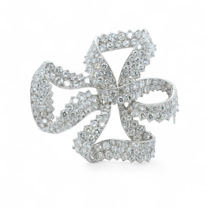 Platinum 900 Diamond Pave Ribbon Bow Brooch Pin 11.60ctw G VS-SI Vintage 1950's