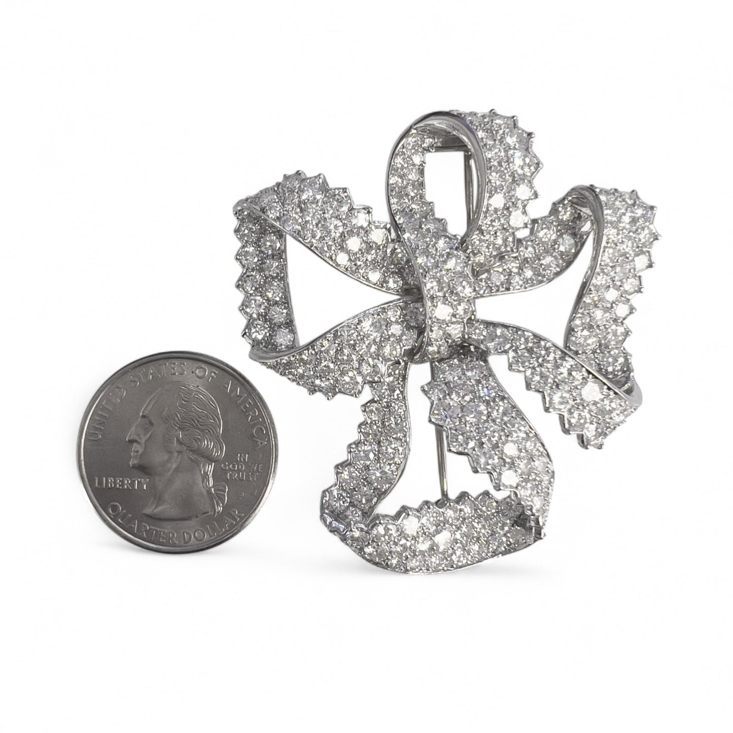 Platinum 900 Diamond Pave Ribbon Bow Brooch Pin 11.60ctw G VS-SI Vintage 1950's