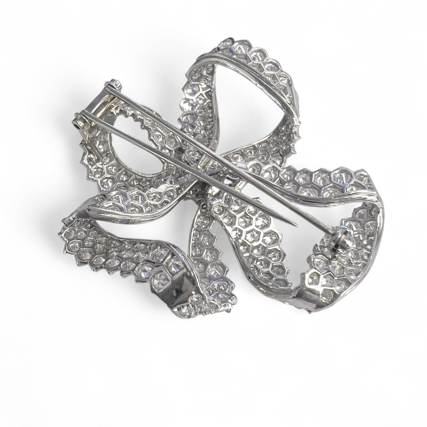 Platinum 900 Diamond Pave Ribbon Bow Brooch Pin 11.60ctw G VS-SI Vintage 1950's