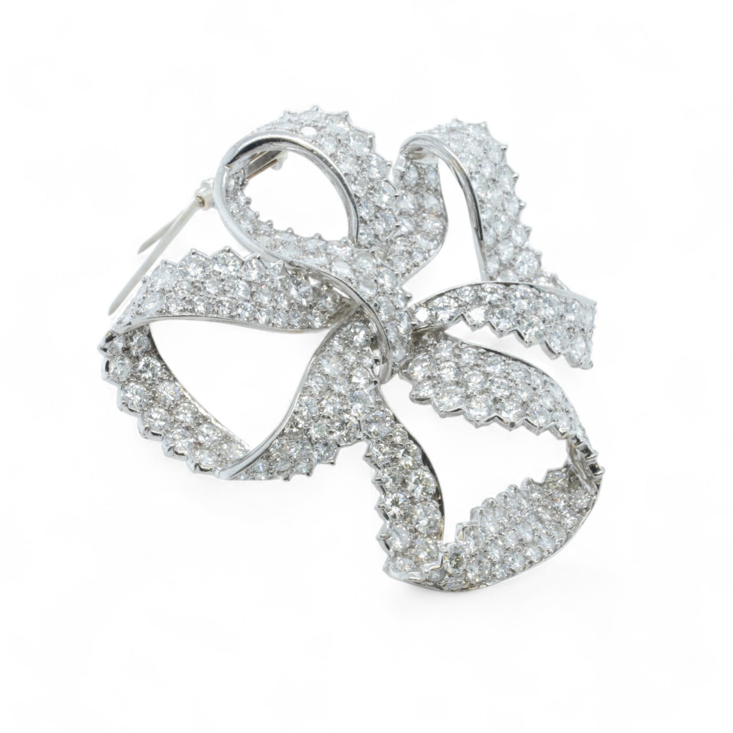 Platinum 900 Diamond Pave Ribbon Bow Brooch Pin 11.60ctw G VS-SI Vintage 1950's
