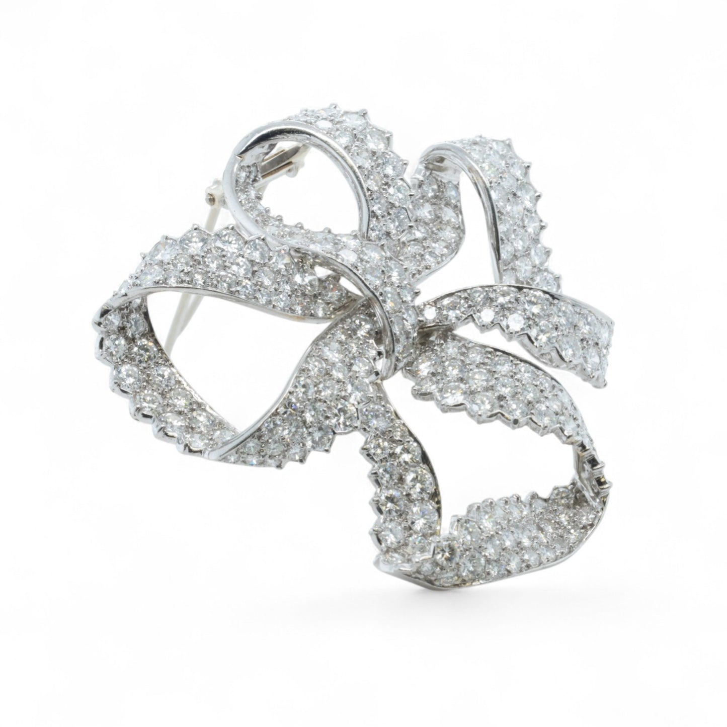Platinum 900 Diamond Pave Ribbon Bow Brooch Pin 11.60ctw G VS-SI Vintage 1950's