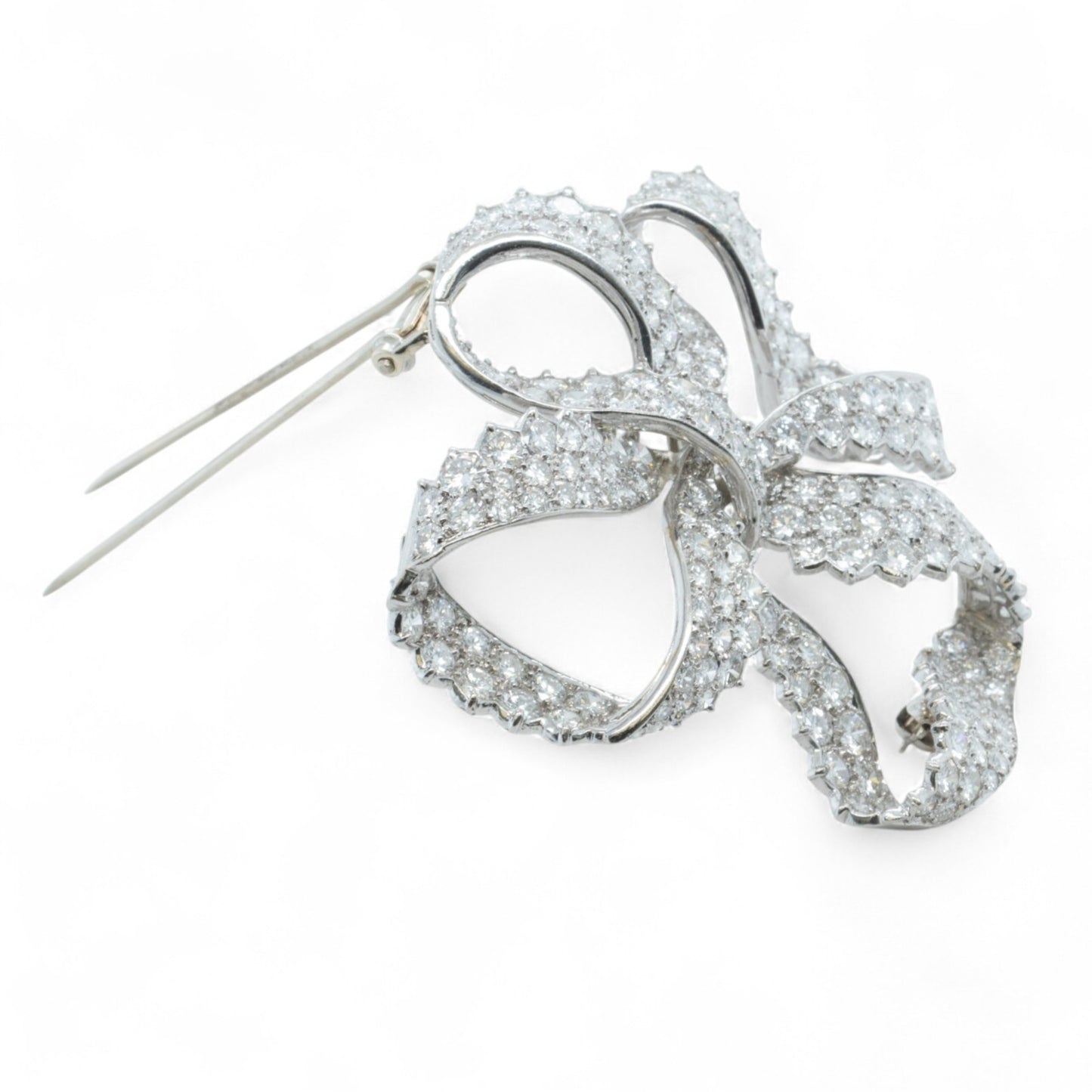 Platinum 900 Diamond Pave Ribbon Bow Brooch Pin 11.60ctw G VS-SI Vintage 1950's