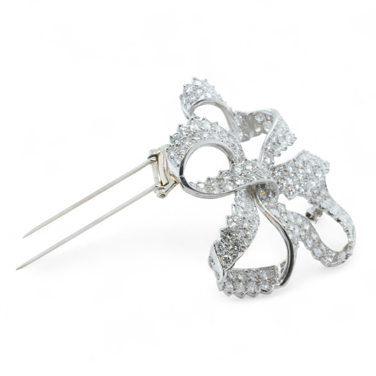 Platinum 900 Diamond Pave Ribbon Bow Brooch Pin 11.60ctw G VS-SI Vintage 1950's