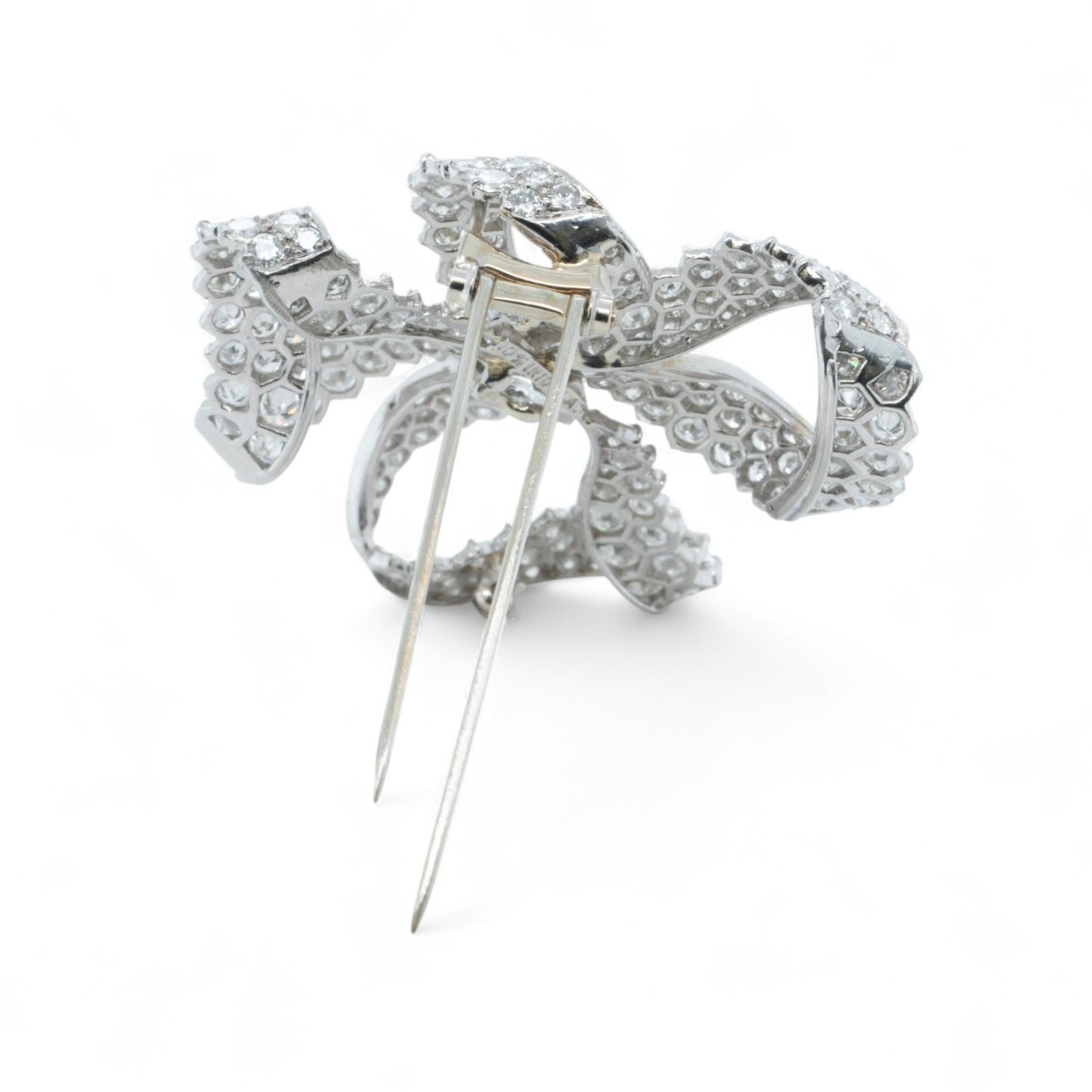 Platinum 900 Diamond Pave Ribbon Bow Brooch Pin 11.60ctw G VS-SI Vintage 1950's