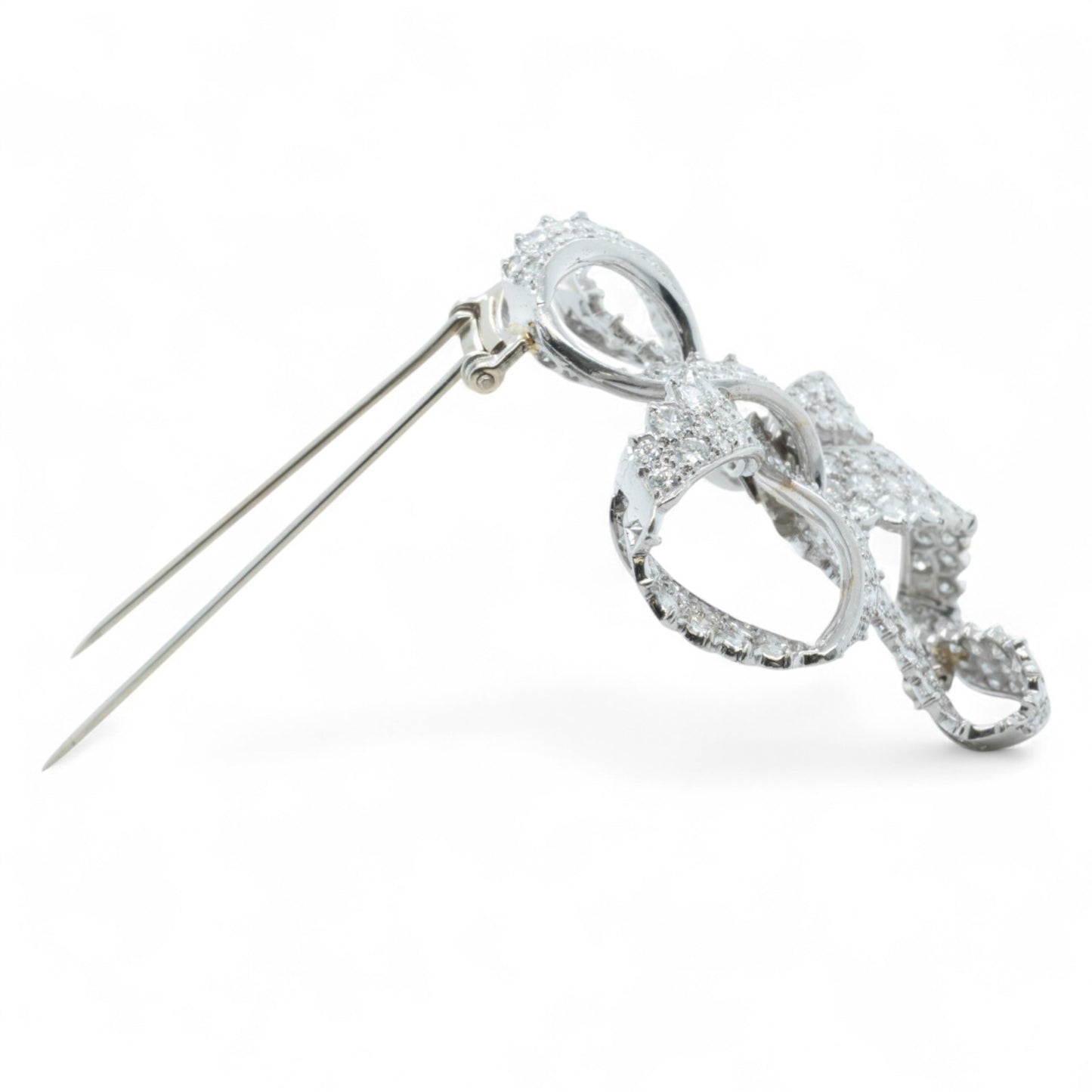 Platinum 900 Diamond Pave Ribbon Bow Brooch Pin 11.60ctw G VS-SI Vintage 1950's